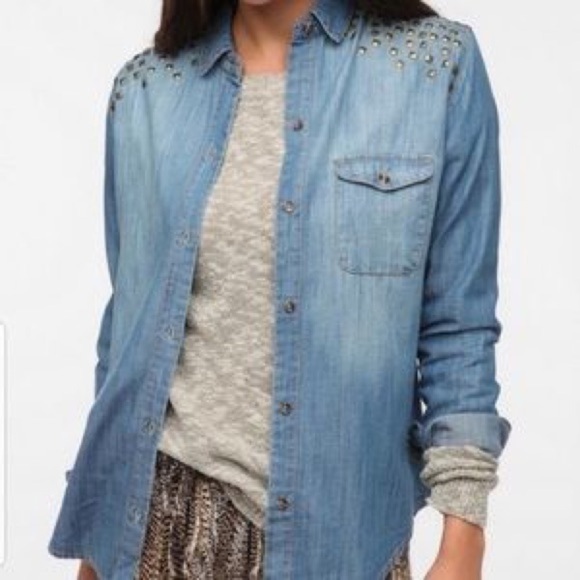 [BDG] Chambray Studded Shoulder Button Down Top - Picture 1 of 10